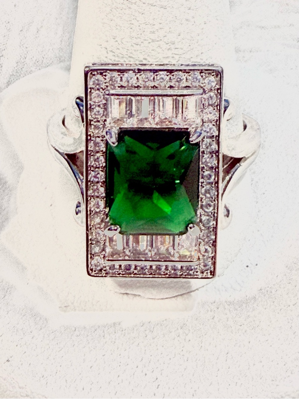 Lab created Emerald Statement Ring - Art Deco Sterling Silver Halo 9.5